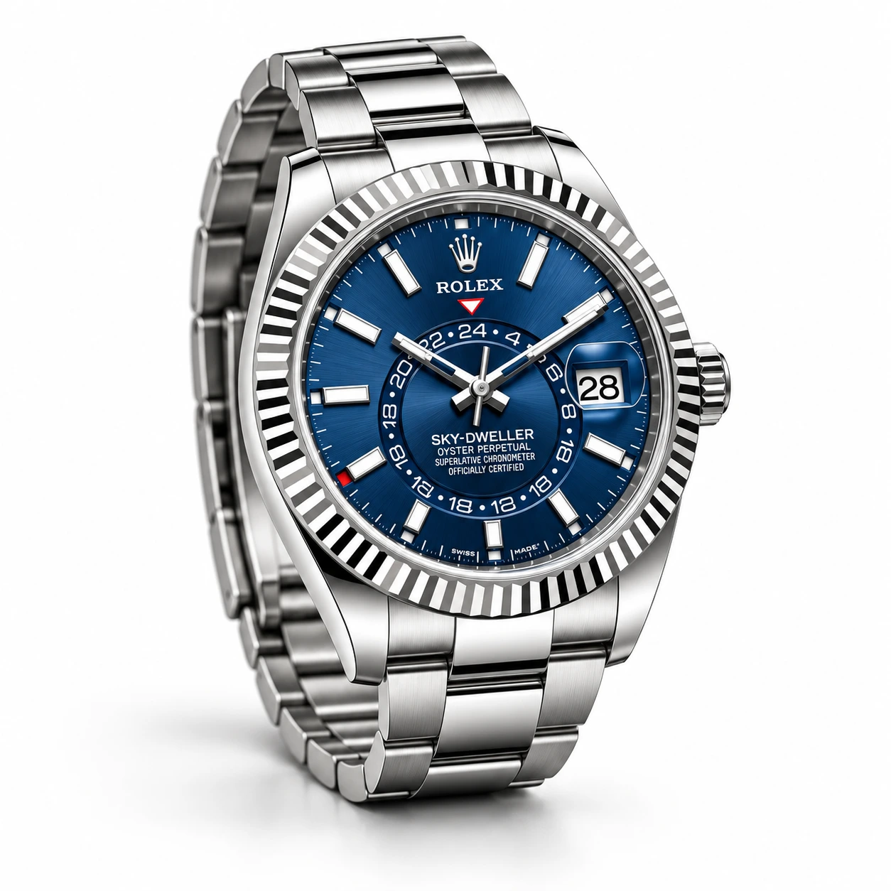 Productvisualisatie van een stalen Rolex Sky-Dweller met blauwe wijzerplaat